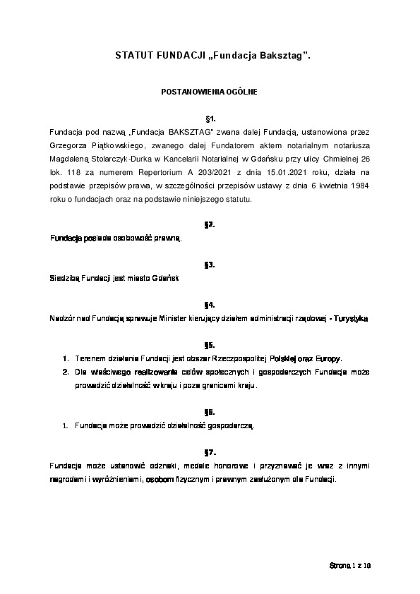 Okładka: Statut Fundacji